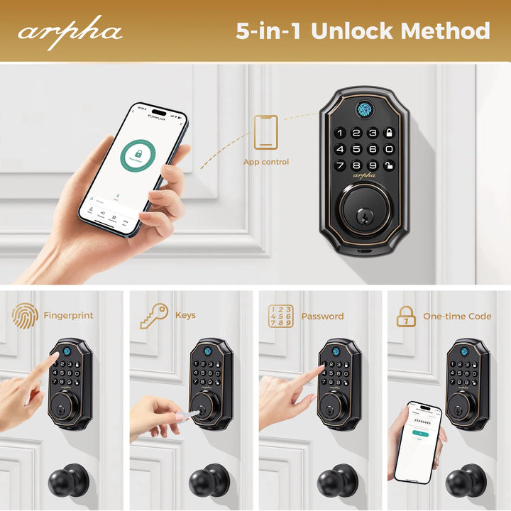 Arpha Smart Door Lock Bluetooth Door Lock 5-in-1 Keyless Entry Lock Fingerprint Electronic Deadbolt w/ Handle Set Home Security