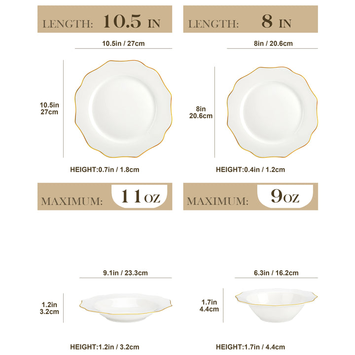 MALACASA 16/32-PCS Nordic European Golden Rim White Bone China Tableware Set with Bowl,Dinner&Dessert&Soup Plate Set for 4