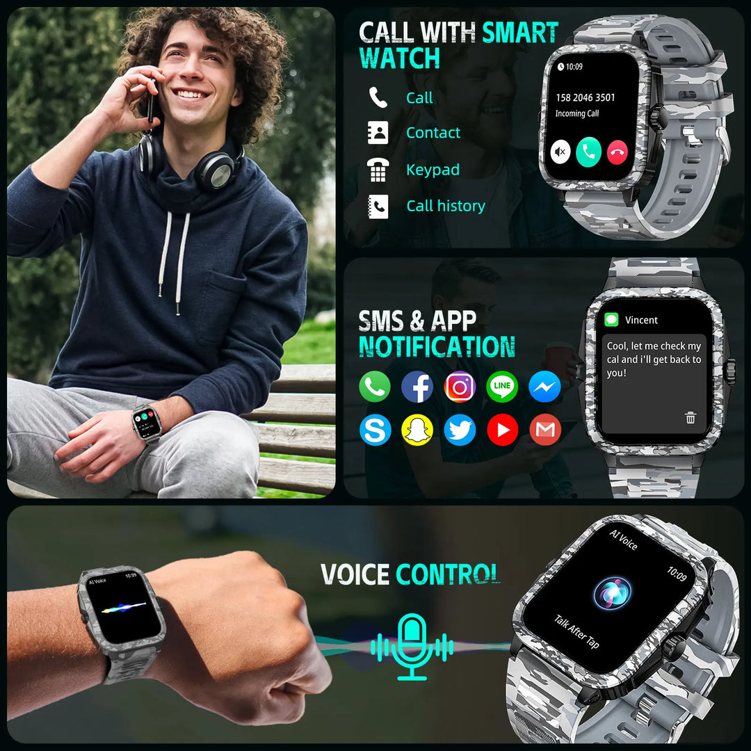 EIGIIS New Smart Watch 3ATM Waterproof Men 1.96" KT71 Fitness Tracker Heart Rate Bluetooth Call Camouflage Color Original Design