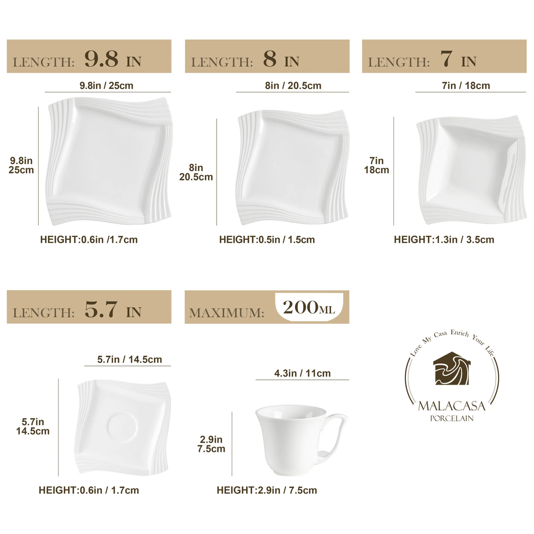 MALACASA Amparo 30/60 Piece White Porcelain Dinnerware Set Cups Saucers Dessert Soup Dinner Plates Service for 6/12 Persone
