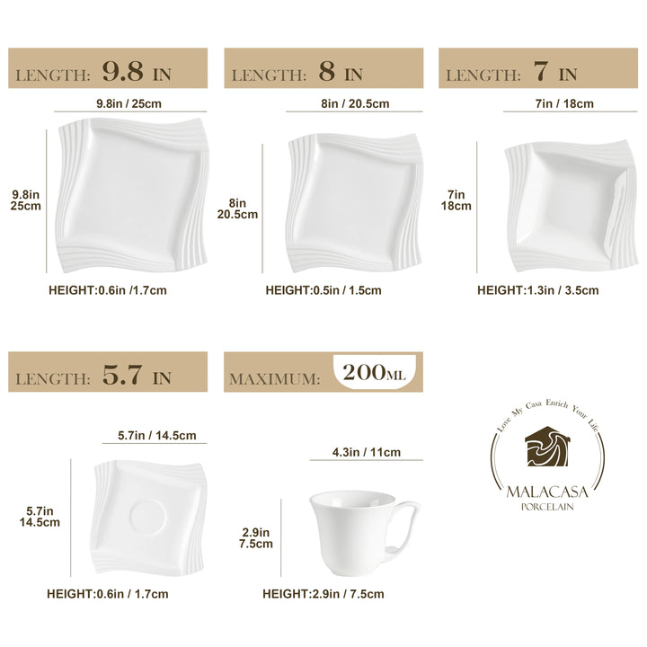 MALACASA Amparo 30/60 Piece White Porcelain Dinnerware Set Cups Saucers Dessert Soup Dinner Plates Service for 6/12 Persone