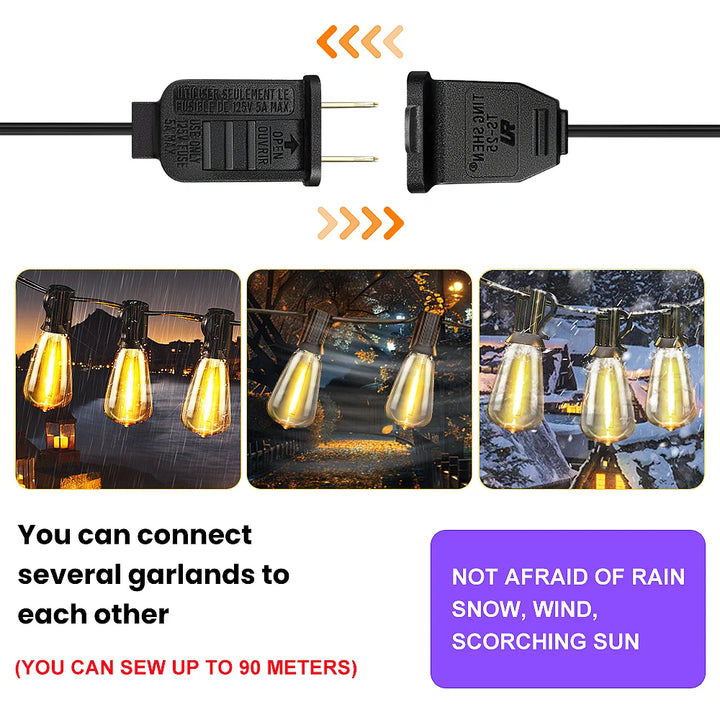 ST38 LED Outdoor Patio String Lights With US Plug, Shatterproof Bulb, Waterproof Hanging Lamp Connectable for Porch, Backyard