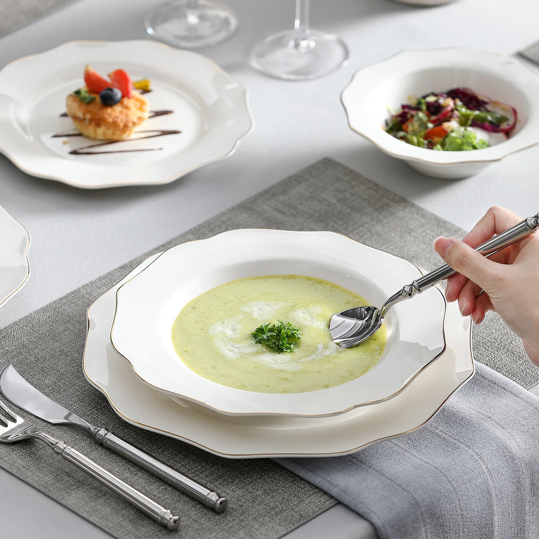 MALACASA 16/32-PIECE Nordic European Golden Rim White Porcelain Tableware Set with Bowl,Dinner&Dessert&Soup Plate Set for 4/8