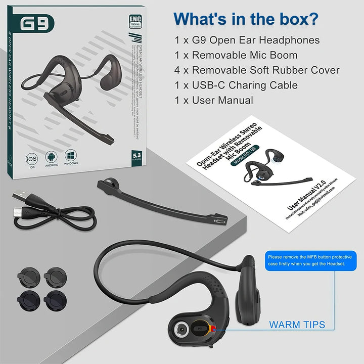 Mpow G9 Bluetooth 5.3 Open Ear Headphones with Removable Microphone Noise Cancelling Air Conduction Headset with 12H Playtime