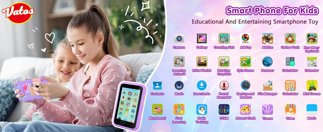 VATOS Kids Smart Phone Toy for Girls Boys Large 4" Touchscreen Cell Phone with Dual Cam Music Puzzle Game Learning Toy