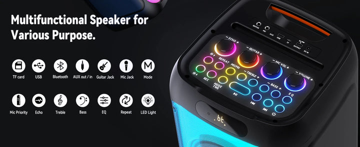 FanFun Karaoke Machine,33" Big Bluetooth Party Speaker with 500W Peak Power,Wireless DJ PA Speaker with Subwoofers, Disco Lights