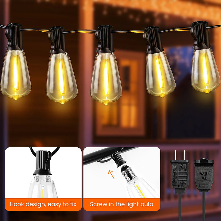 ST38 LED Outdoor Patio String Lights With US Plug, Shatterproof Bulb, Waterproof Hanging Lamp Connectable for Porch, Backyard