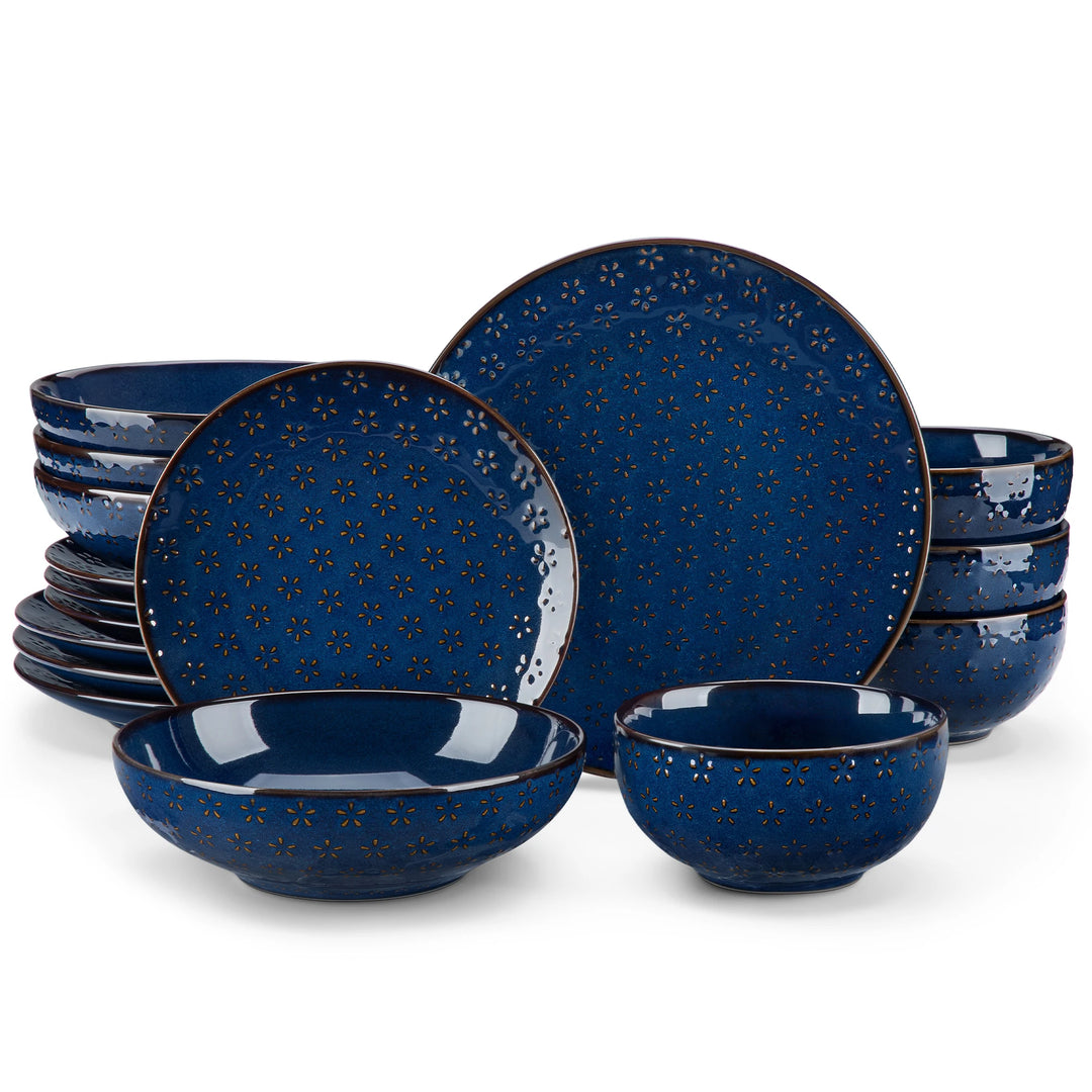 MALACASA LYDIA 16/32 Piece Blue Stoneware Plates Dinner Set Embossment Dinnerware with 6pcs Dinner plate/Dessert/Soup/Bowl
