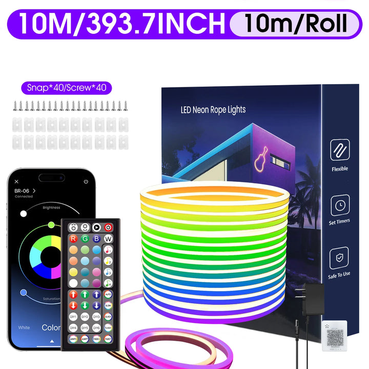 Outdoor Neon LED Rope Lights,  LED Lights For Bedroom Flexible LED Light Strip With Remote And APP Control RGB Lighting Strip