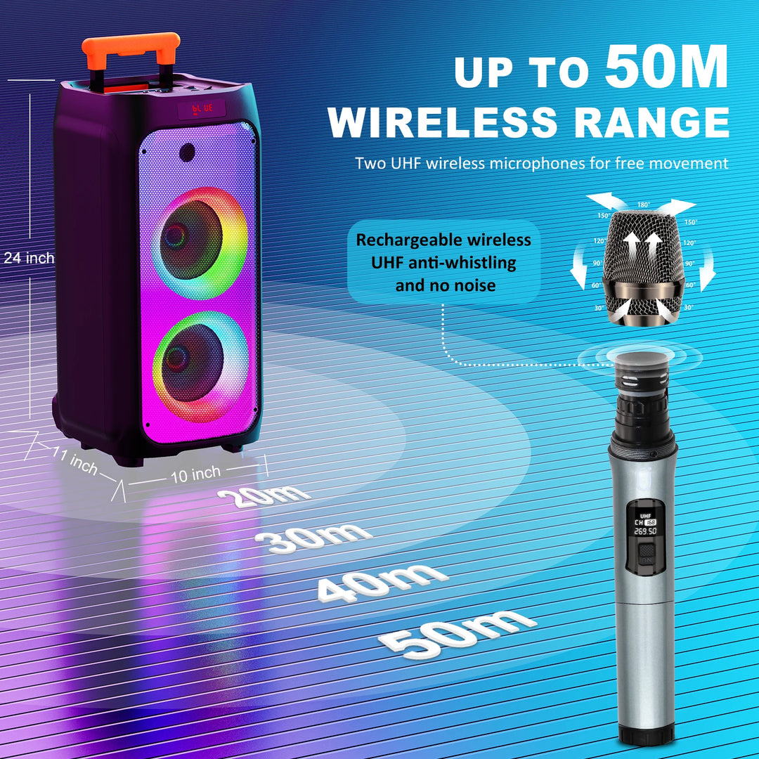 FanFun Large Bluetooth Speaker, Wireless Speaker with Wheels and Trolley Bar, Karaoke Machine with 2 Microphone, Karaoke Speaker