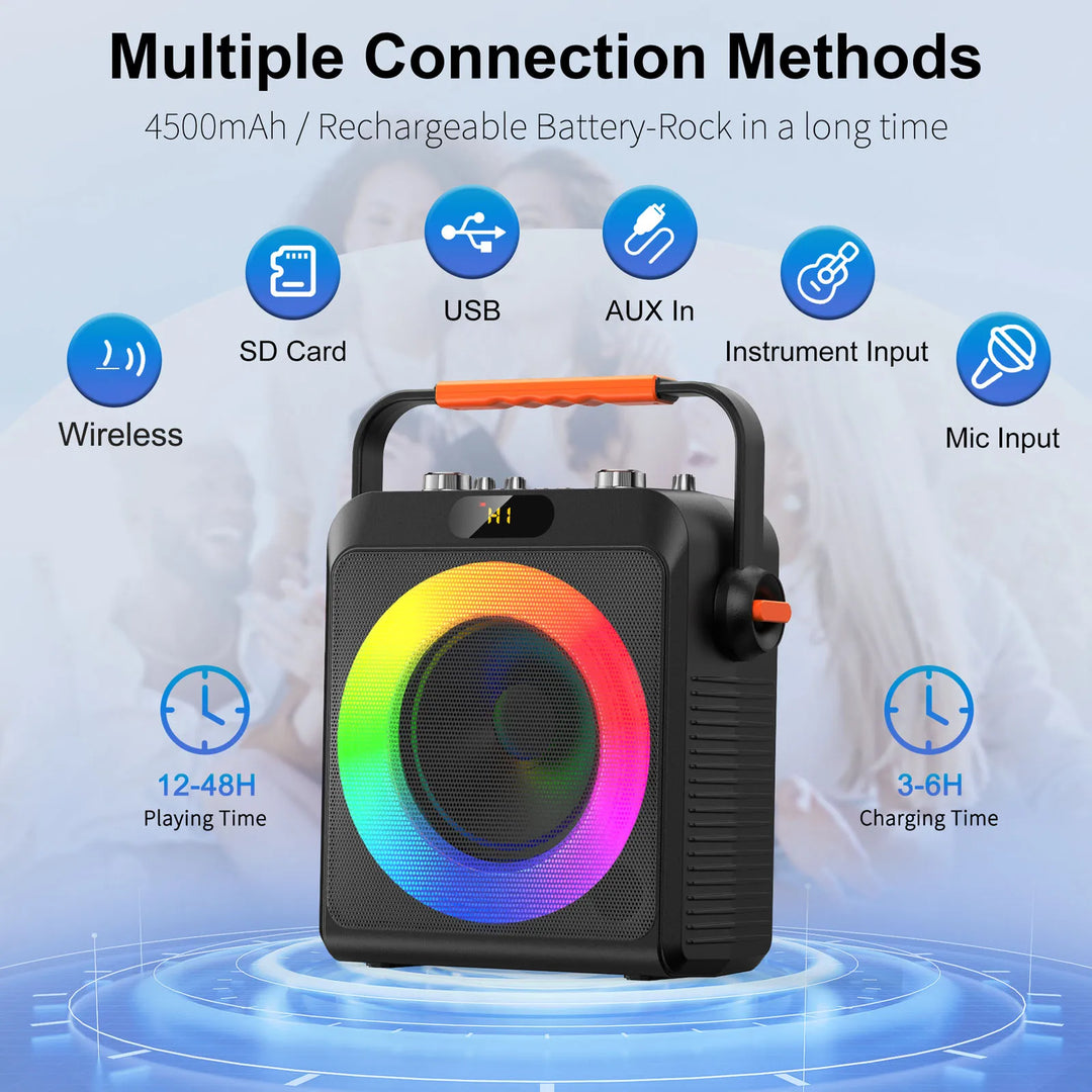2 Wireless Microphones T19-T Karaoke Machine | Black Karaoke Speaker With Treble/Bass Adjustment, Wireless Speaker PA System