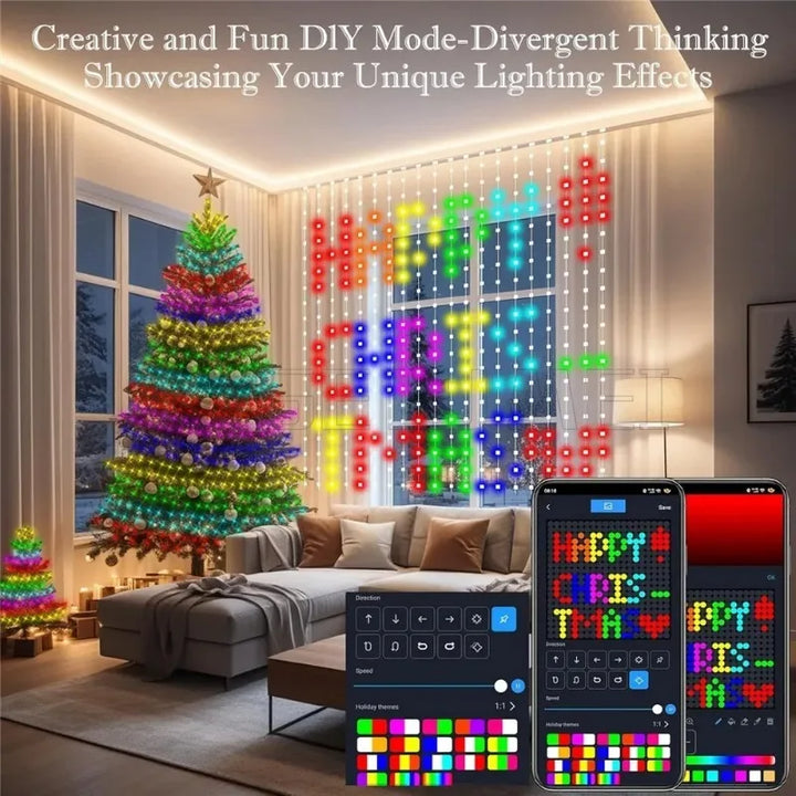 400LEDs Smart LED Curtain Lights USB Dynamic Pattern DIY Curtain String Light with App Remote for Christmas Halloween 2*2m/3*3m