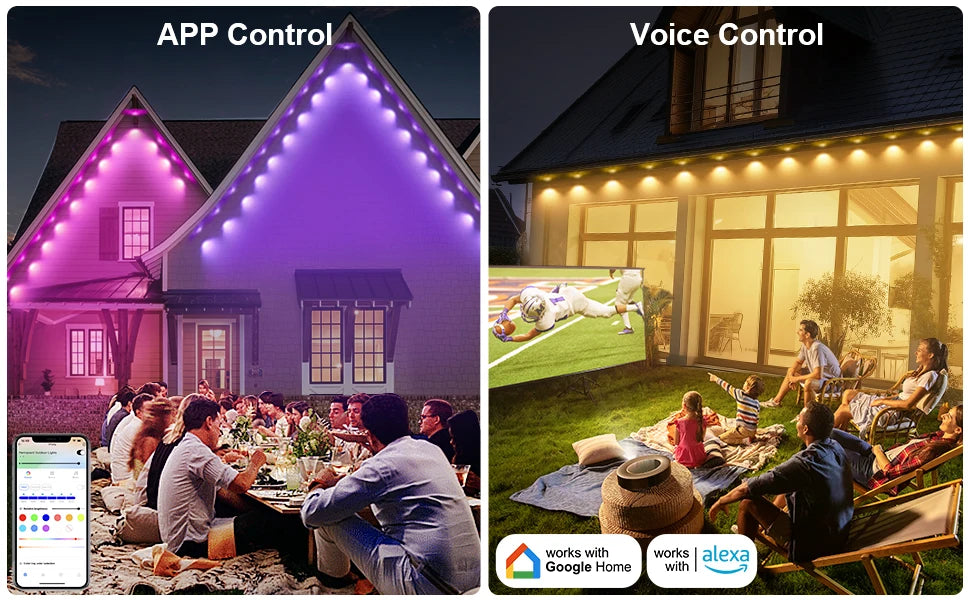 100ft 60-Light Smart RGB LED Eaves Lighting LED light strip - 75 Color Modes, Remote & App Control, Waterproof Outdoor