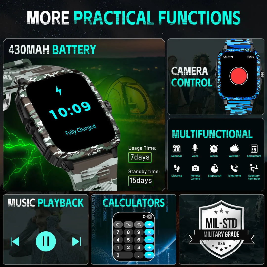 EIGIIS New Smart Watch 3ATM Waterproof Men 1.96" KT71 Fitness Tracker Heart Rate Bluetooth Call Camouflage Color Original Design
