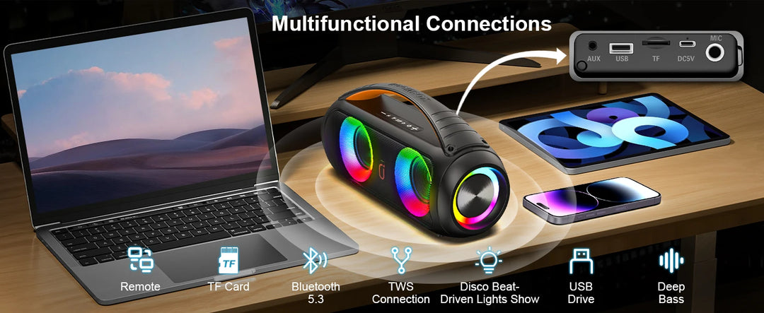 FanFun Bluetooth Speaker, Wireless Portable Speaker, Waterproof Outdoor Party Speaker, Dazzling LED light, Remote