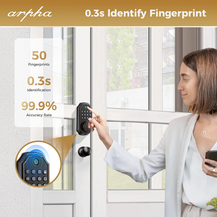 Arpha Smart Door Lock Bluetooth Door Lock 5-in-1 Keyless Entry Lock Fingerprint Electronic Deadbolt w/ Handle Set Home Security