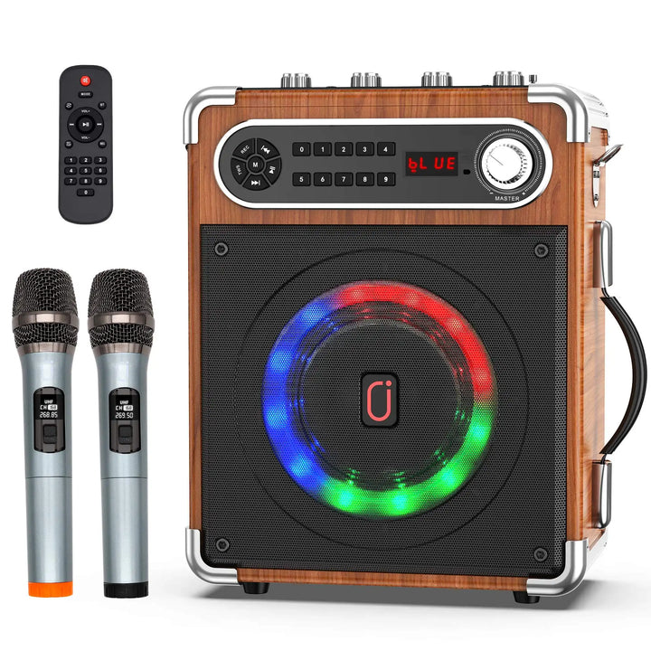 Karaoke Machine with 2 Wireless Microphones,Portable Bluetooth Speaker with Bass/Treble Adjustment,PA System with Remote Control