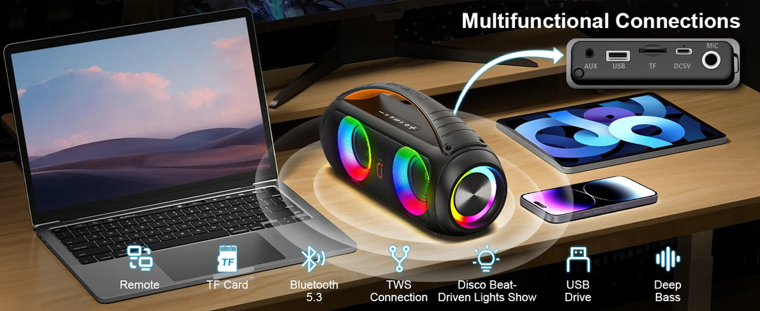 40W Waterproof Bluetooth Speaker, Portable Wireless Speaker, Outdoor Party Boombox Speaker, Deep Rich Bass, Dazzling LED Light