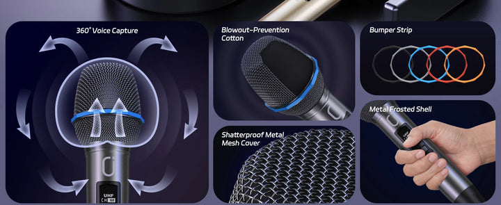 FanFun Dual Wireless Microphone, Professional UHF Dynamic Microphone for Singing, Speech, Karaoke Microphone for KTV