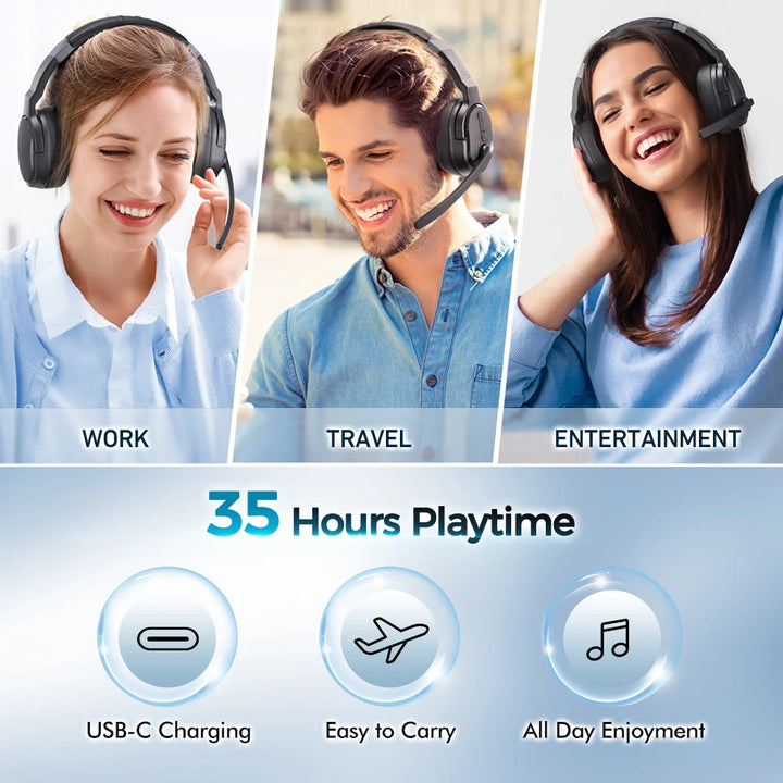 Mpow E65 2 in 1 Wireless Headphones Bluetooth 5.3 Dual/Single Office Headset with Microphone&Mute Switch 35H for Trucker Driver