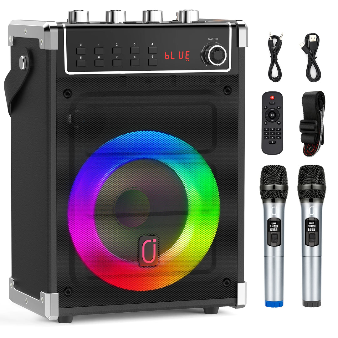 Karaoke Machine with 2 Wireless Microphones, Bluetooth Speaker, PA System & LED Lights for Home Singing Outdoor Party, Music Gifts