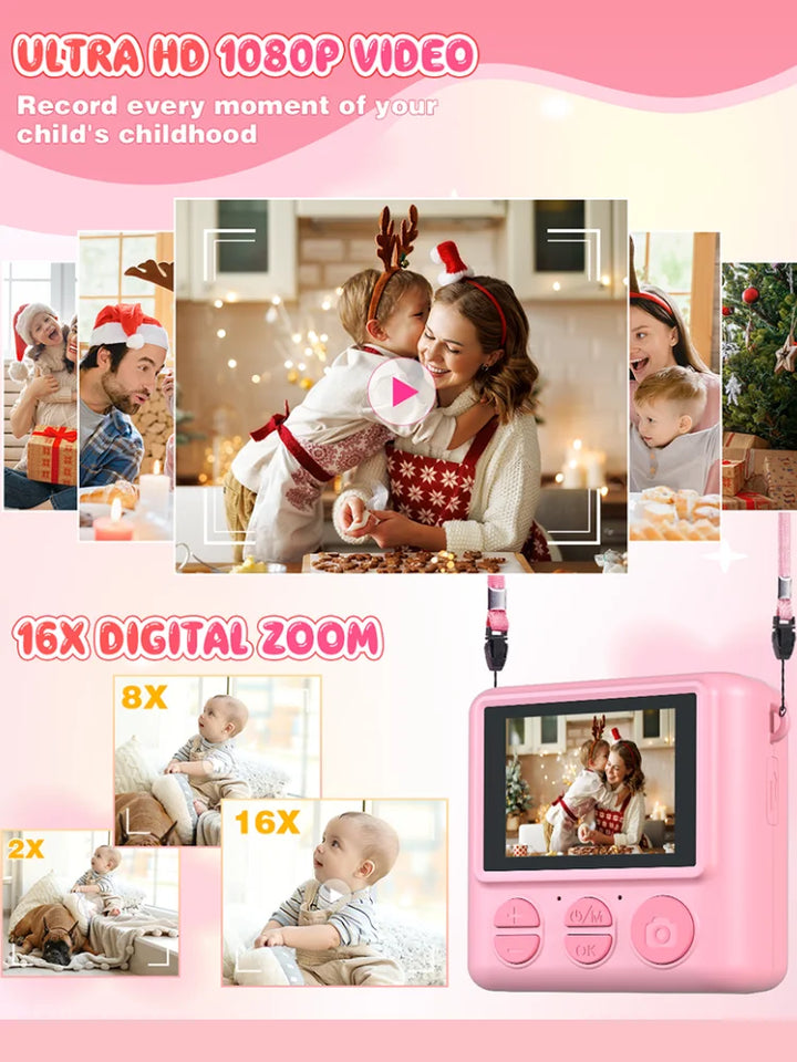 Kids Camera Instant Print 12MP 1080P Digital Camera Toddler HD Video Camera Print Photo Portable Toy Age 3+ Girl Christmas Gift