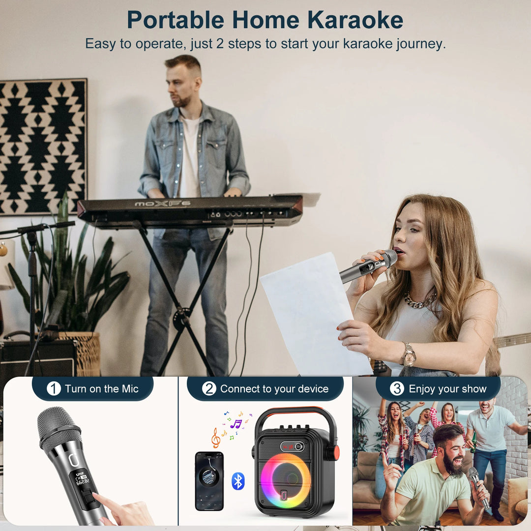 FanFun Bluetooth Speaker, Portable Wireless Speaker with FM Radio, Karaoke Machine with 2 Microphone, Home Karaoke System