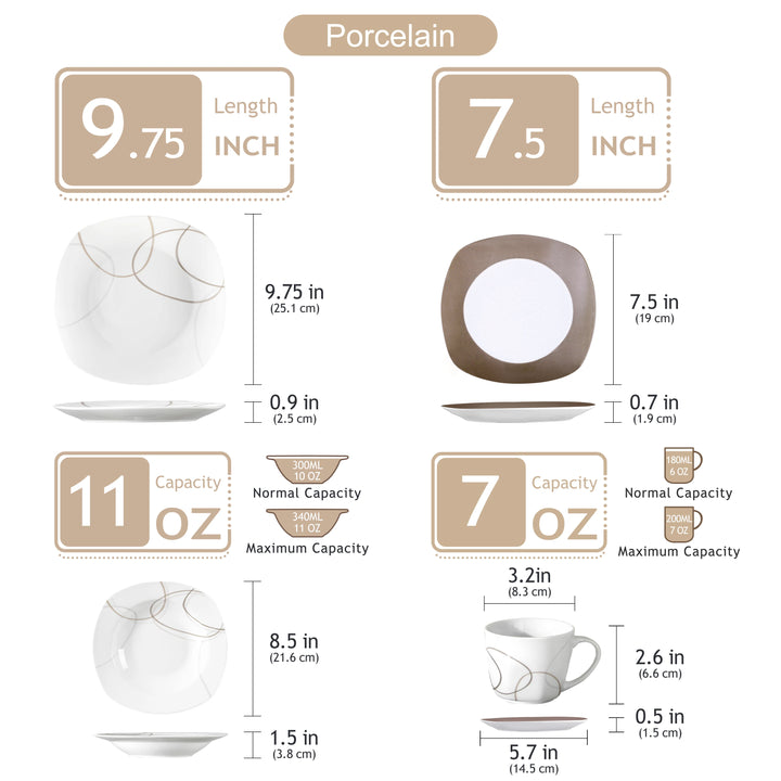 VEWEET 30-Piece Porcelain Ceramic Kitchen Dinner Plate Set with 6pcs Dessert Plates/Soup Plates/Dinner Plates/Cups/Saucers