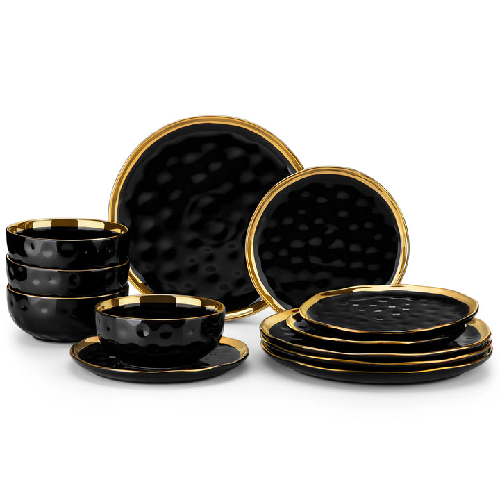 LOVECASA 12/24 Piece Ceramic Porcelain White and Golden Rim Dinnerware Sets With 4/8 PCS Dinner Plate/Dessert/Cereal Bowl for 4