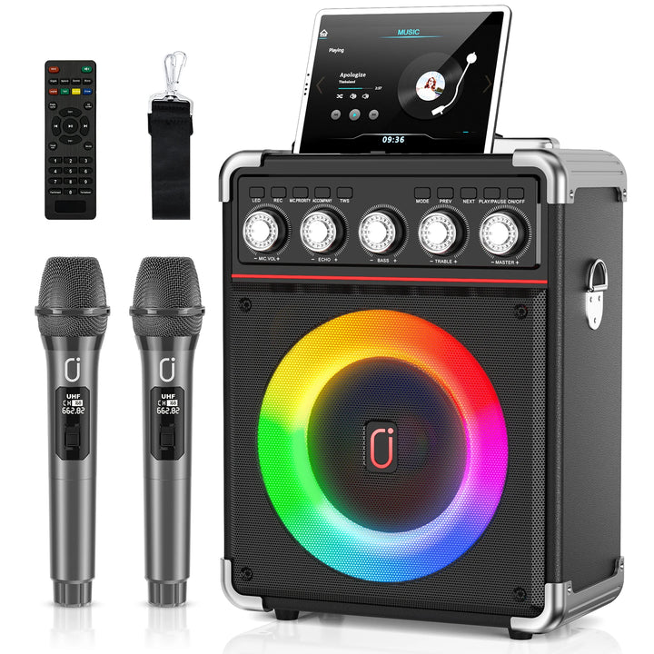FanFun Portable Speaker Microphones Karaoke Machine with DJ Lighting PA System for Home Singing Adults