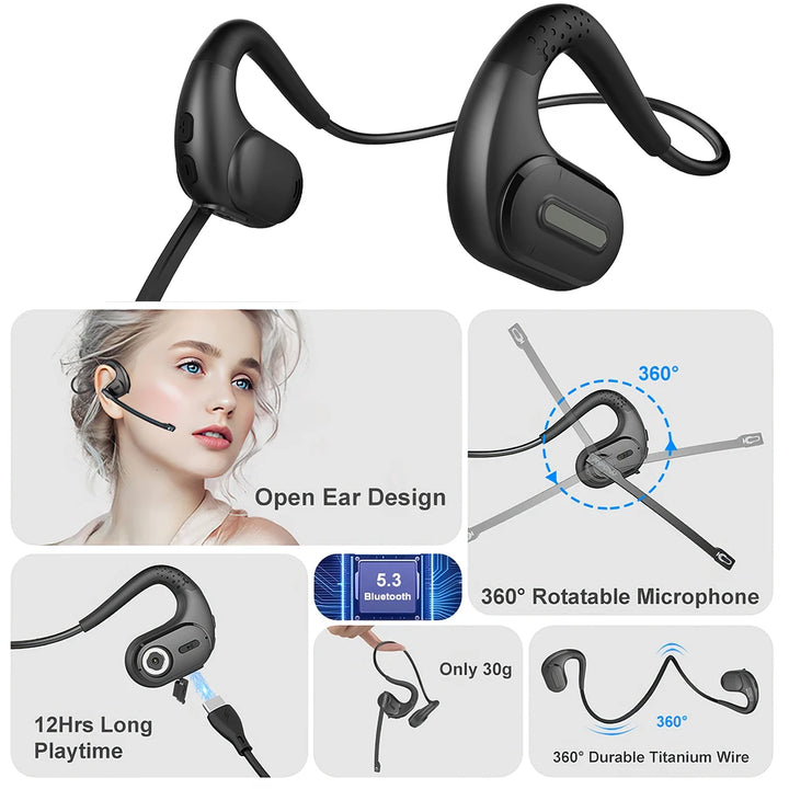 Mpow G9 Bluetooth 5.3 Open Ear Headphones with Removable Microphone Noise Cancelling Air Conduction Headset with 12H Playtime