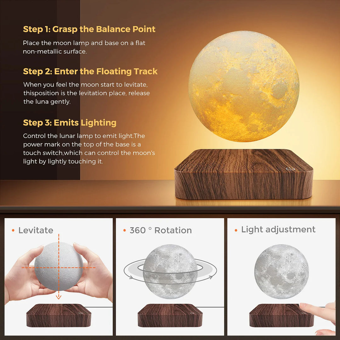 Levitating Moon Table Lamp, Magnetic Floating Night Light With 3 Lighting Modes, 3D Printed Levitation Bedside Table Lamp