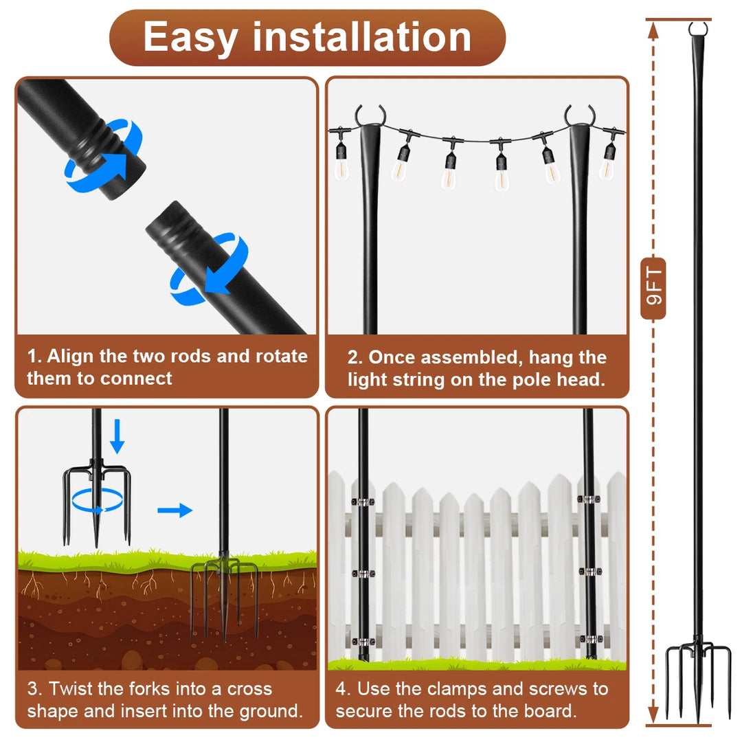 4 Pack 10ft String Light Pole for Deck, Metal String Light Pole for Outdoor Hanging,  (only string light pole)