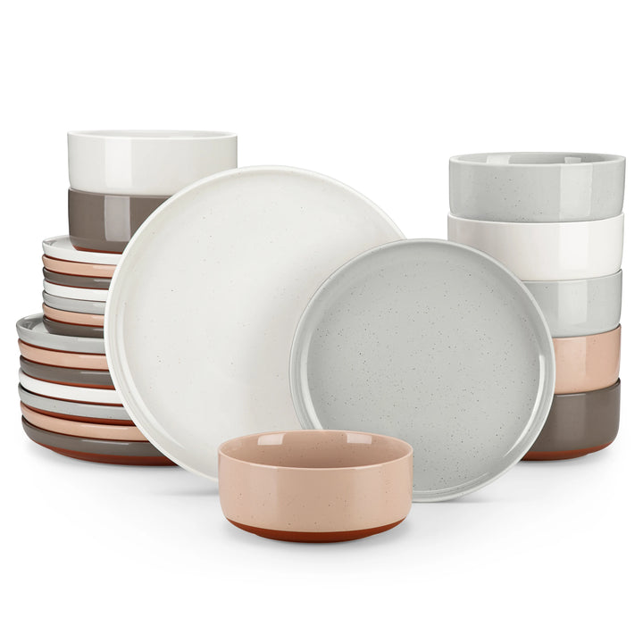 MALACASA TARA 12/24 Pcs Dinnerware Set Curved Edge Sesame Glaze Stoneware Plates Set With 4/6pcs Dinner Plate/Dessert/Bowl