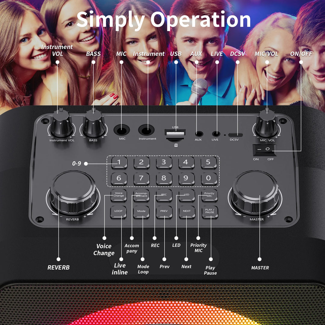 2 Wireless Microphones T19-T Karaoke Machine | Black Karaoke Speaker With Treble/Bass Adjustment, Wireless Speaker PA System