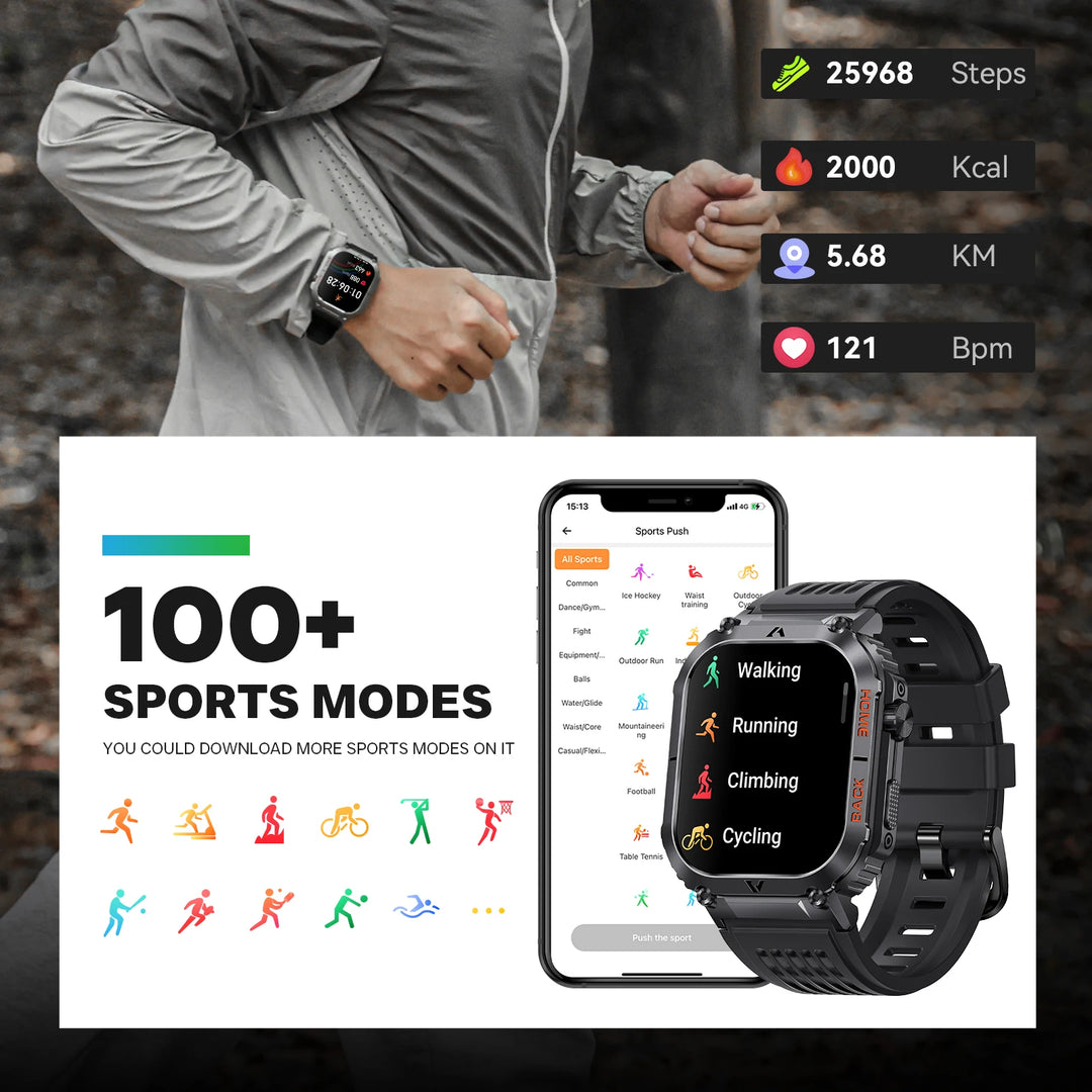 LaNikar Smart Watch 5ATM Waterproof Men Military Heart Rate Blood Pressure Blood Oxygen 2.02''TFT With Compass 100+ Sports Mode