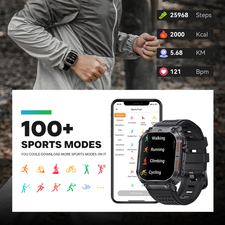 LaNikar Smart Watch 5ATM Waterproof Men Military Heart Rate Blood Pressure Blood Oxygen 2.02''TFT With Compass 100+ Sports Mode
