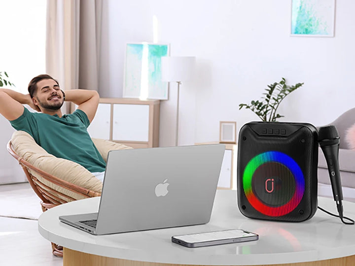 Wireless Speaker, Portable Bluetooth Speaker with Wired Microphone, Home Karaoke Speaker System, LED Party Light