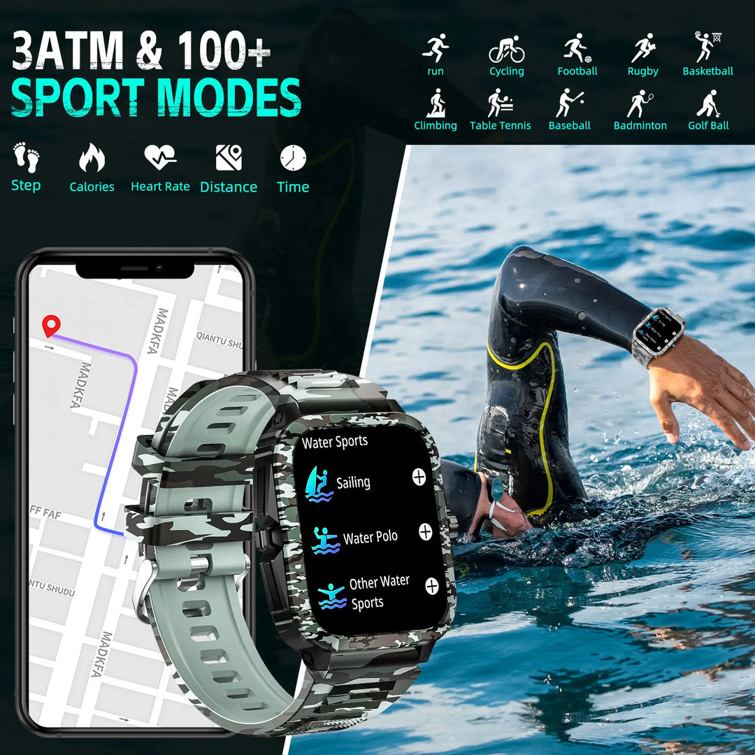 EIGIIS New Smart Watch 3ATM Waterproof Men 1.96" KT71 Fitness Tracker Heart Rate Bluetooth Call Camouflage Color Original Design