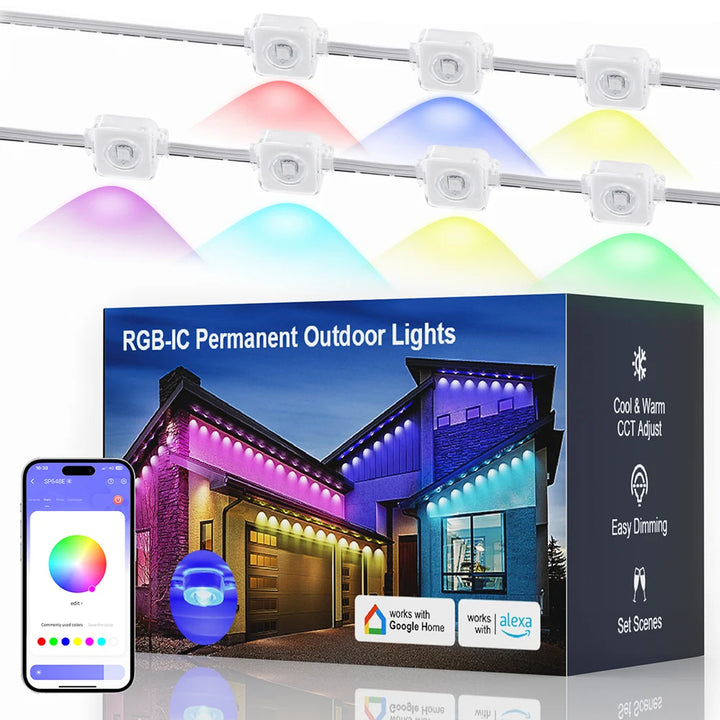 100ft 60-Light Smart RGB LED Eaves Lighting LED light strip - 75 Color Modes, Remote & App Control, Waterproof Outdoor