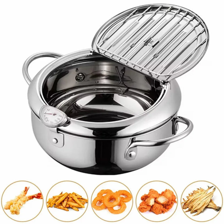 304 Stainless Steel Deep Fryer Pan with Thermometer Kitchen Tempura Deep Fryer Pot for Chicken French Fries Fish Shrimp