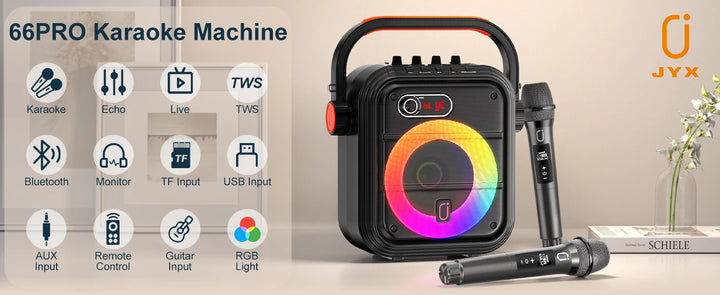 FanFun Bluetooth Speaker, Portable Wireless Speaker with FM Radio, Karaoke Machine with 2 Microphone, Home Karaoke System