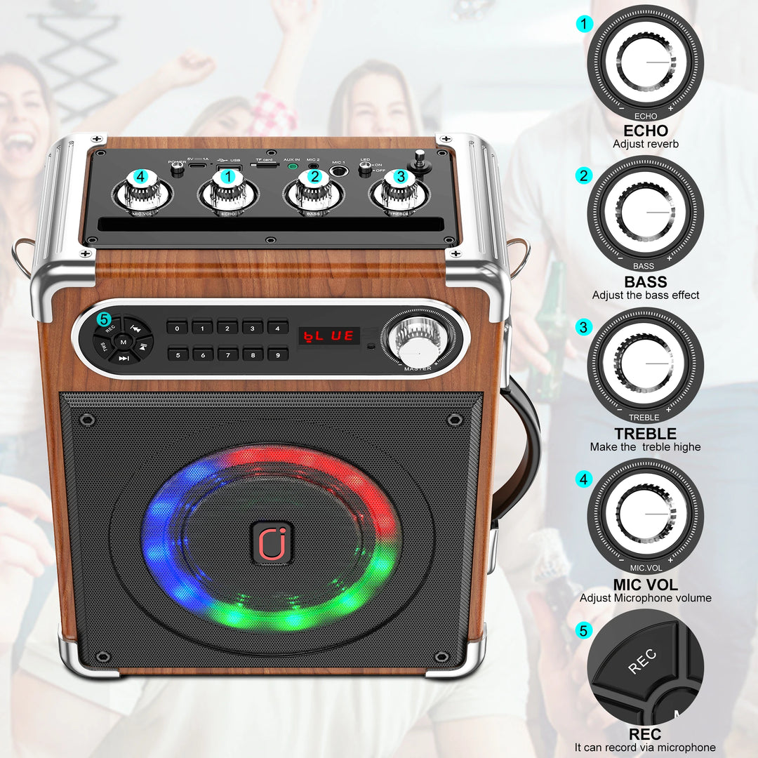 Karaoke Machine with 2 Wireless Microphones,Portable Bluetooth Speaker with Bass/Treble Adjustment,PA System with Remote Control