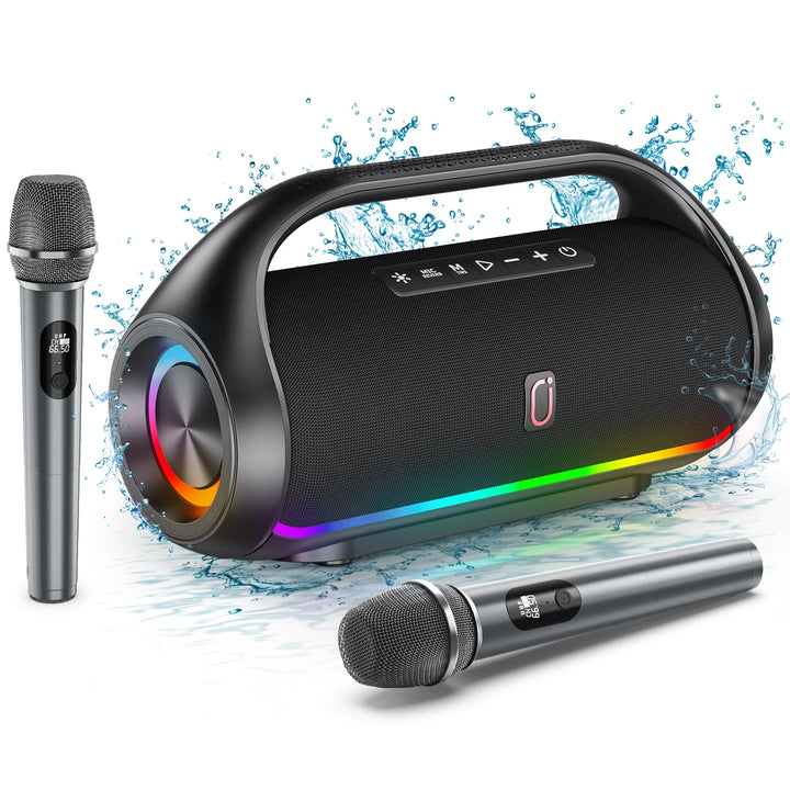 JYX Bluetooth Speaker, Portable Speaker with DJ Lights, Deep Subwoofer, Waterproof Outdoor Speaker with 2 Wireless Microphone
