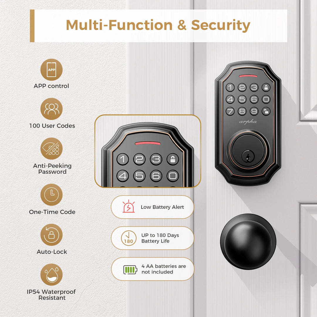 Arpha Smart Door Lock Keyless Entry Lock 100 Codes Bluetooth Door w/ 2 Door handles Home Security Hotel Electronic Password Lock