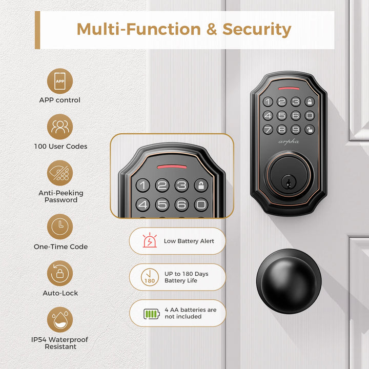 Arpha Smart Door Lock Keyless Entry Lock 100 Codes Bluetooth Door w/ 2 Door handles Home Security Hotel Electronic Password Lock