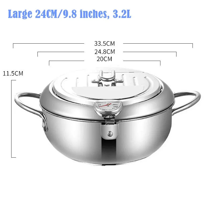 304 Stainless Steel Deep Fryer Pan with Thermometer Kitchen Tempura Deep Fryer Pot for Chicken French Fries Fish Shrimp