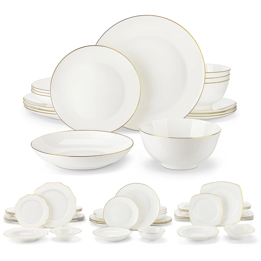 MALACASA 16/32-PCS Nordic European Golden Rim White Bone China Tableware Set with Bowl,Dinner&Dessert&Soup Plate Set for 4