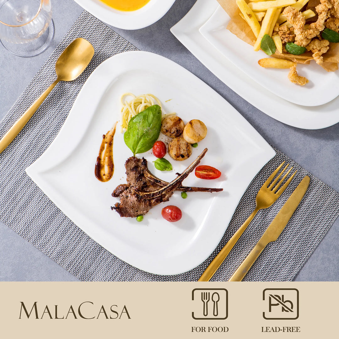 MALACASA 30/60 Piece White Porcelain Dinner Set with Cups Saucers Dessert Soup Dinner Plates Tableware Service for 6/12