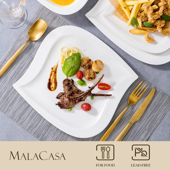 MALACASA 30/60 Piece White Porcelain Dinner Set with Cups Saucers Dessert Soup Dinner Plates Tableware Service for 6/12